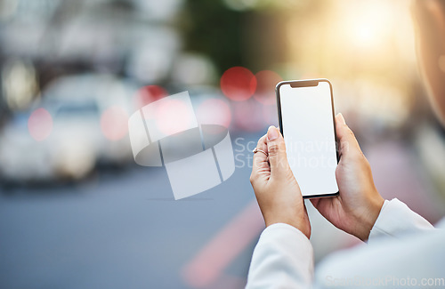 Image of Mockup, phone screen and hands of woman in city for networking, online website and social media ui. Communication, mobile app and female person on smartphone for promotion, blank space and branding