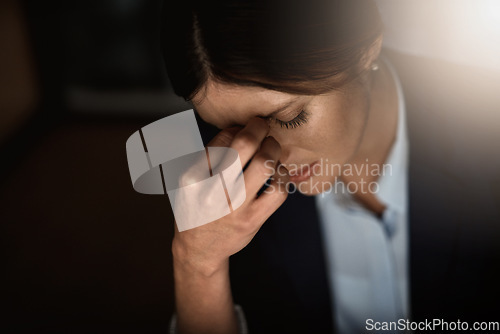 Image of Stress, headache and business woman with pain at night for career migraine, burnout or mental health risk or depression. Depressed, anxiety or tired person with mistake, frustrated or fatigue problem