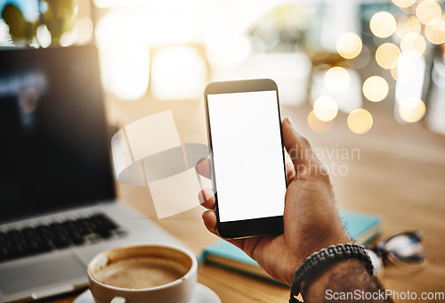 Image of Mockup, closeup and hand with a smartphone, cafe and connection for social media, screen and relax. Male person, technology and guy with a cellphone, coffee shop and mobile app for communication