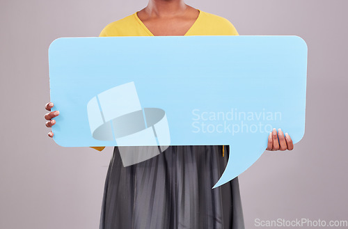 Image of Speech bubble, woman and mockup with social media and announcement with news isolated on studio background. Voice, feedback and female model with communication, poster with sign and branding promo