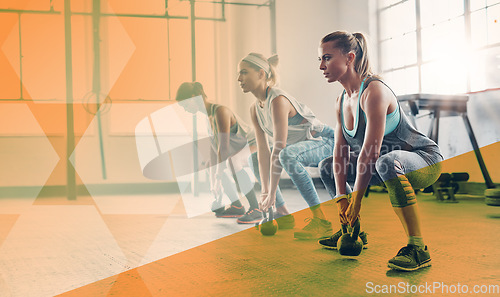 Image of Fitness, group of women and kettlebell exercise at gym for workout and training goals. Athlete people or friends together to squat for power challenge, commitment or strong muscle with mockup overlay