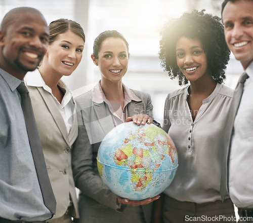 Image of Portrait, staff and woman with a globe, international growth and company development with happiness. Face, female employee and group with distribution, partnership and new project with collaboration