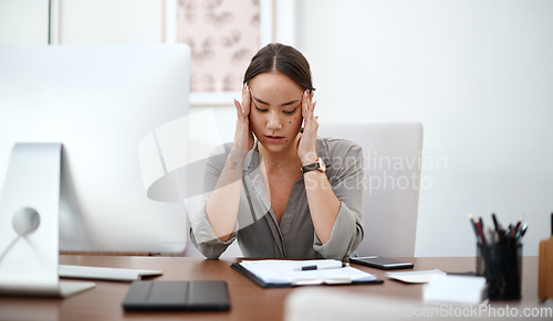 Image of Migraine, headache and business woman in office with online career burnout, mental health risk and mistake. Brain fog, problem or pain of asian person or employee massage temple, fatigue and stress