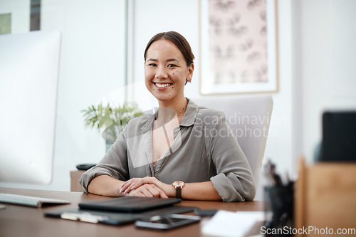 Image of Computer, business woman and portrait in office, multimedia company and happy career mindset. Face of young Asian person, worker or employee at desktop pc working on software or website for project