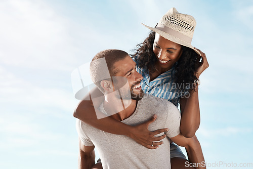 Image of Happy couple, blue sky and piggyback in nature on romantic summer adventure holiday with travel on mockup space. Love, man and woman outdoor with happiness on date, smile and vacation together.