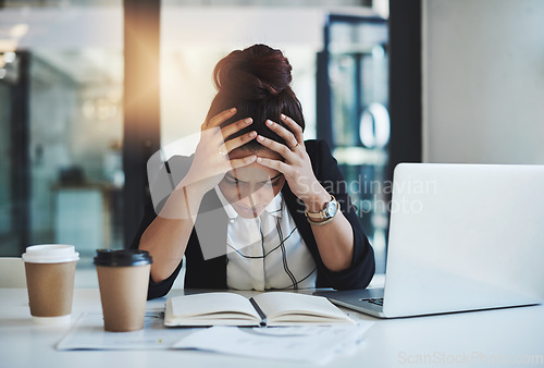 Image of Stress, headache and businesswoman with laptop in office while working on corporate project. Burnout, fatigue and professional female employee with migraine while reading research notes in workplace.