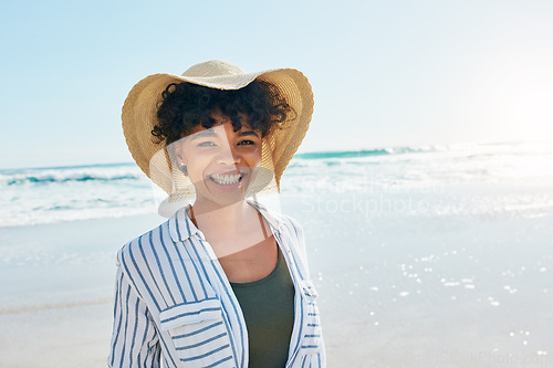 Image of Woman, face portrait and summer at the beach for a vacation, travel or holiday with a smile. African female person at sea with happiness, freedom and positive mindset to relax outdoor