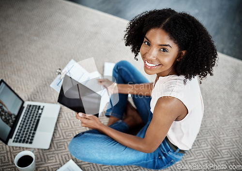 Image of Tablet, documents and portrait of woman in work from home budget, data analysis and planning startup business. Young person on digital technology, carpet floor and happy paperwork, invoice or taxes