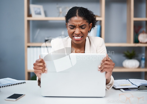 Image of Angry woman, frustrated with laptop glitch and stress, 404 and error with connectivity or software problem. Burnout, overworked and technology fail with professional female person in crisis in office
