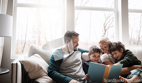 Image of Family, reading book with parents and children, happiness at home with story time and learning. Love, relationship and happy people bonding and care in living room with education and development