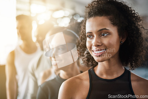 Image of Row, smile and people at the gym for fitness, training and thinking of exercise. Happy, looking and a group of friends at a club for a workout, cardio and ideas for wellness class together as team