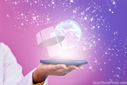 Image of Woman, hand and phone with world hologram isolated on gradient background for worldwide network or global technology. Person in cellphone globe holographic, digital overlay and social media in studio