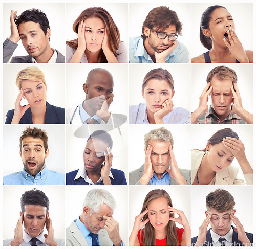 Image of Bored, face collage or tired people with stress, headache or depression in a community group or society. Profession headshot, migraine problems or mosaic of men or women isolated on white background