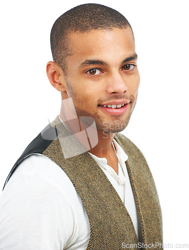 Image of Portrait, fashion and smile with a man in studio isolated on a white background for contemporary style. Face, happy and trendy with a handsome young male model posing in stylish designer clothes