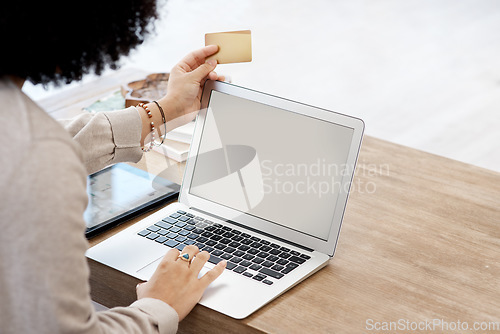 Image of Closeup, screen and woman with a laptop, credit card and ecommerce with payment, transaction or sales. Female person, professional or employee with technology, plastic or online banking with keyboard