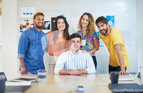 Image of Happy, portrait and business people in office excited for startup, collaboration and partnership. Face, team and workforce with diversity in unity, confident and smiling with solidarity and support