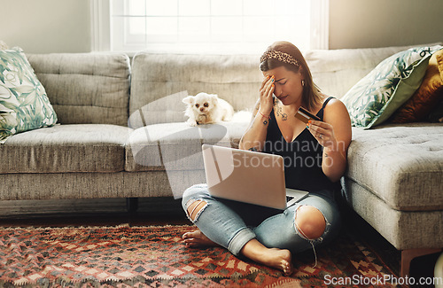 Image of Laptop, credit card and woman stress, anxiety or depression for home loan, payment debt or fintech problem on floor. Headache, sad and depressed person with dog on computer, banking scam or mistake