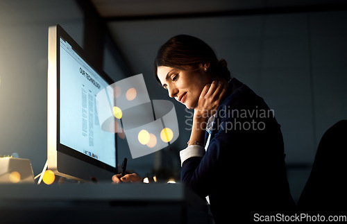 Image of Focus, desktop and businesswoman at night or employee in the office or thinking with pen. Corporate, dark and female manager contemplate or computer and stationery in the evening at workplace