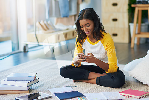 Image of Home student, phone and happy woman typing, texting and search online, internet or website for education info on floor. Relax, cellphone app and person learning, study and message social media user