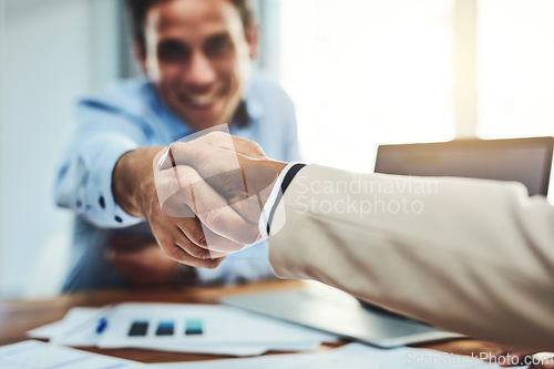 Image of Businessman, handshake and meeting for partnership, deal or b2b agreement at the office. Business people shaking hands for greeting, welcome or hiring in recruitment, teamwork or growth at workplace