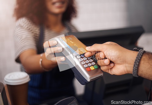 Image of Credit card machine, cafe and hands of customer for b2c shopping, point of sale transaction and finance. Closeup, nfc and contactless payment in coffee shop at cashier, rfid technology and services