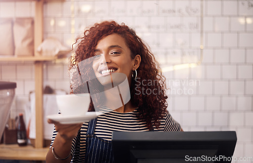 Image of Happy woman, barista and serving cup in coffee shop, restaurant and cafeteria store of food service industry. Waitress, server and giving order for tea, catering drinks and smile in small business