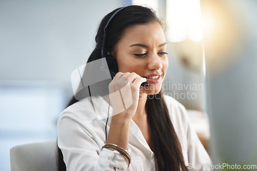 Image of Communication, microphone or woman in call center consulting, speaking or talking at customer services. Virtual assistant, friendly or sales consultant in telemarketing or telecom company help desk