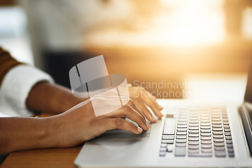 Image of Hands, office or woman typing on laptop working on business project or online research at desk. Person, closeup or female worker copywriting on startup blog report or internet article with keyboard