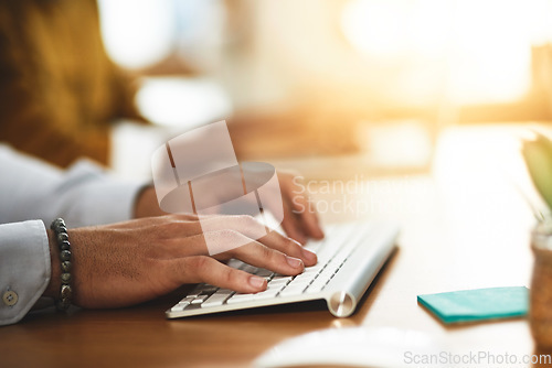 Image of Hands, keyboard or man typing on computer networking on business project or online research at office desk. Person, coworking or closeup of worker copywriting on blog report or internet article