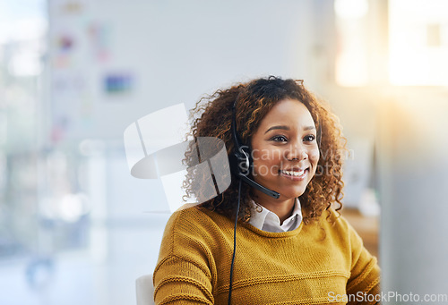 Image of Virtual assistant, crm or happy woman in call center consulting, speaking or talking at customer services. Communication, friendly or sales consultant in telemarketing or telecom company help desk