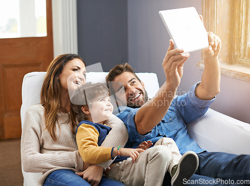 Image of Selfie, tablet and happy family relax in a home together doing social media content on the internet or online. App, website and parents with kid or child in happiness and smile for a picture