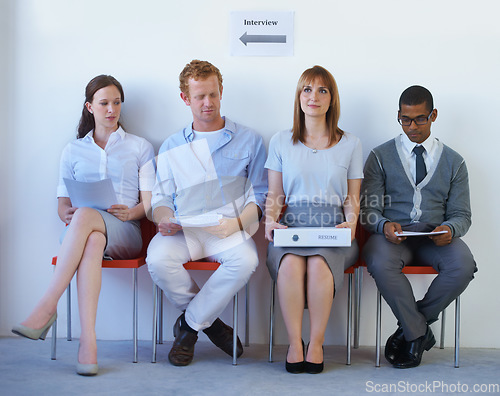 Image of Cv, recruitment and business people in line for job interview, hiring and waiting in a room. Human resources, meeting and candidates in a row in office for onboarding process at a startup company