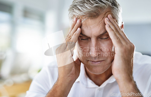 Image of Headache, stress and mature businessman in the office with healthcare problem or medical emergency. Medical issue, burnout and sick professional corporate manager in pain with a migraine in workplace