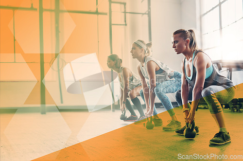 Image of Women, fitness and gym for kettlebell exercise, workout or training. Athlete group or team together to lunge for strong muscle, legs or power challenge at wellness club or class with a mockup overlay