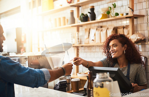 Image of Credit card, cafe and happy woman with customer, payment and ecommerce transaction for sales service, pos and banking. Coffee shop, point of sale and waitress in trade, b2c shopping and easy finance