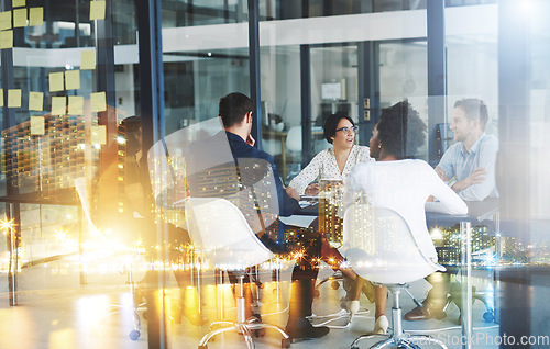 Image of Business meeting, overlay and people in office for teamwork, planning and brainstorming ideas. Double exposure, collaboration and person team in discussion for networking mission, startup and goal