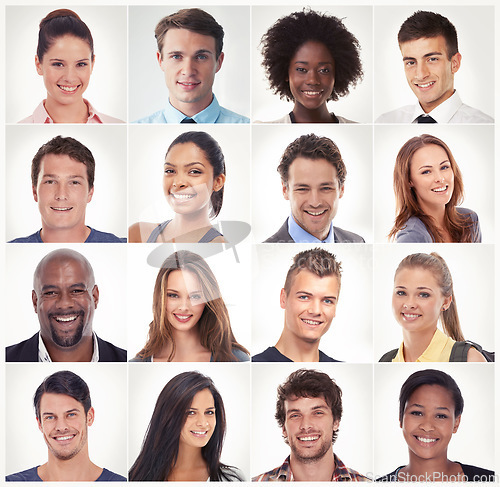 Image of Headshot, face collage or portrait of happy people in a community, mulitcultural group with diversity. Studio montage, girl student or mosaic of men or women smiling isolated on white background