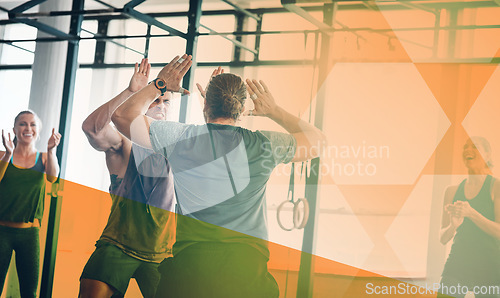 Image of Fitness, men and high five to celebrate success at gym with group in class for power challenge or motivation. Athlete people together at club for training, exercise goals and celebration with overlay