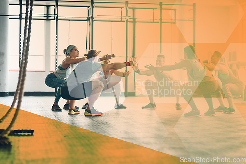 Image of Fitness people, gym and group squat exercise, workout and training in class. Sports men and women together for power challenge, commitment or strong muscle at health and wellness club with overlay