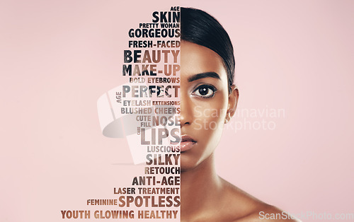 Image of Portrait, beauty words and woman isolated on pastel pink background for skincare, self love or cosmetics promotion. Face of indian person or model in natural makeup, skin care or motivation in studio