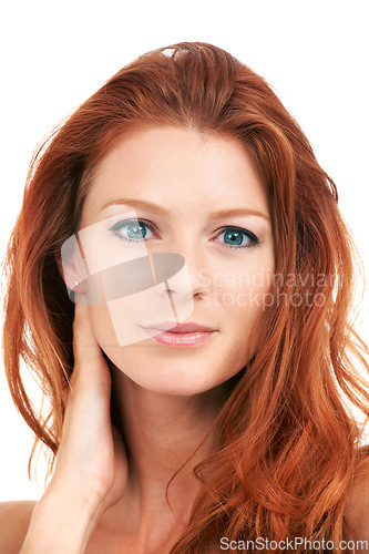 Image of Beauty, red hair and portrait of woman in studio for natural makeup, cosmetics and skincare. Ginger, hairstyle and confident with face of model isolated on white background for spa and self care