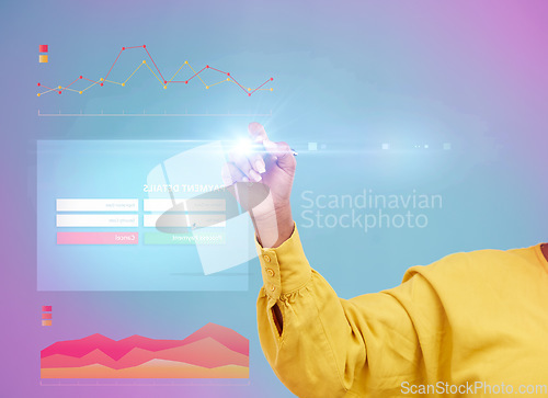 Image of Payment, hologram design and woman hand isolated on studio background of website application and futuristic technology. Touchscreen, person finger and online shopping, registration or website overlay
