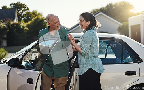 Image of Car, help and caregiver with senior man for assisted living, retirement care and rehabilitation. Travel, transportation and happy woman helping elderly male person from motor vehicle for service