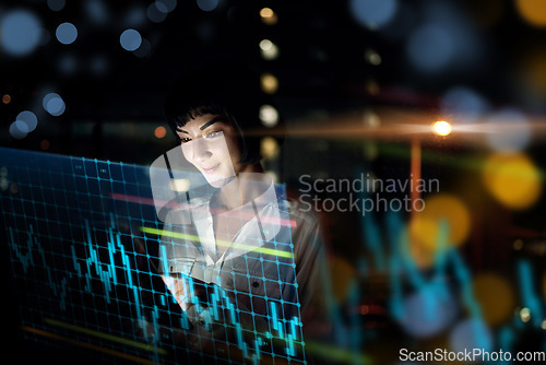 Image of Business woman, tablet and dashboard at night of stock market, trading or graph and chart data at office. Female trader or broker working late on technology checking trends, analytics or statistics