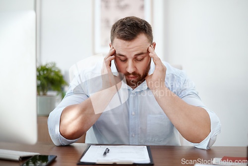Image of Documents, headache and business man in office with career burnout, mental health risk and paperwork. Brain fog, problem or pain of tired person or employee with fatigue and stress for writing notes
