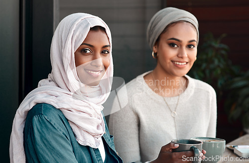 Image of Friends, portrait and muslim with women in cafe for drink, food and social. Happy, relax and culture with arabic female customer in Dubai restaurant for lunch, happiness and coffee meeting