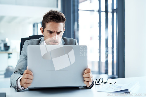 Image of Stress, angry and man on laptop in office frustrated with glitch, mistake or crisis. Anxiety, annoyed and male business person upset with fail, 404 and bad review, deadline report or tech problem