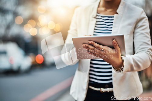 Image of Tablet, city and hands of woman typing for networking, online website and social media in street. Communication, business commute and female person on digital tech for internet, research and contact