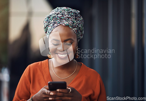 Image of Black woman, happiness and phone text with online communication and networking. Happy, smile and female business employee on a mobile with social media and internet scroll reading a web message