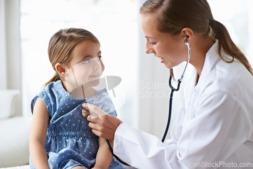 Image of Woman, child and stethoscope of pediatrician for healthcare consulting, check lungs and listening to heartbeat. Medical doctor, girl kid and chest assessment in clinic, hospital and patient wellness